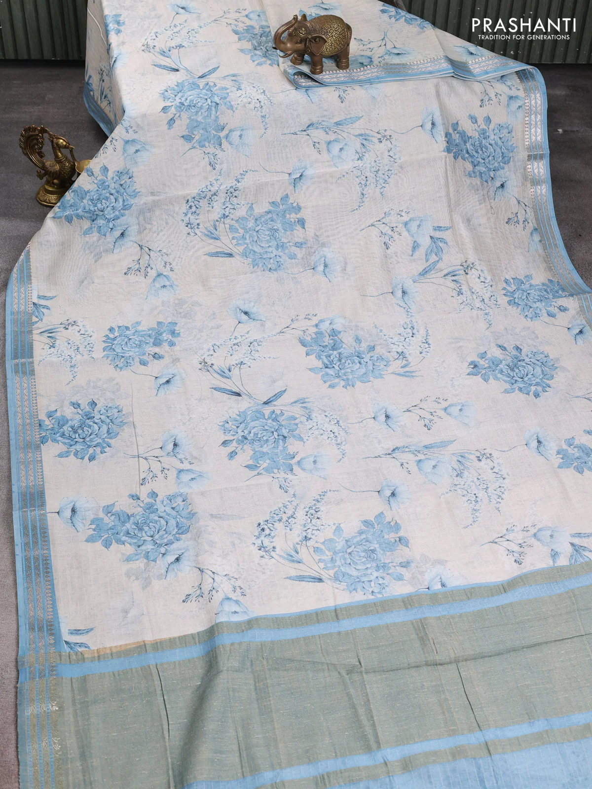 Mul chanderi saree pastel blue and off white with allover floral digital prints and zari woven border - Image 2