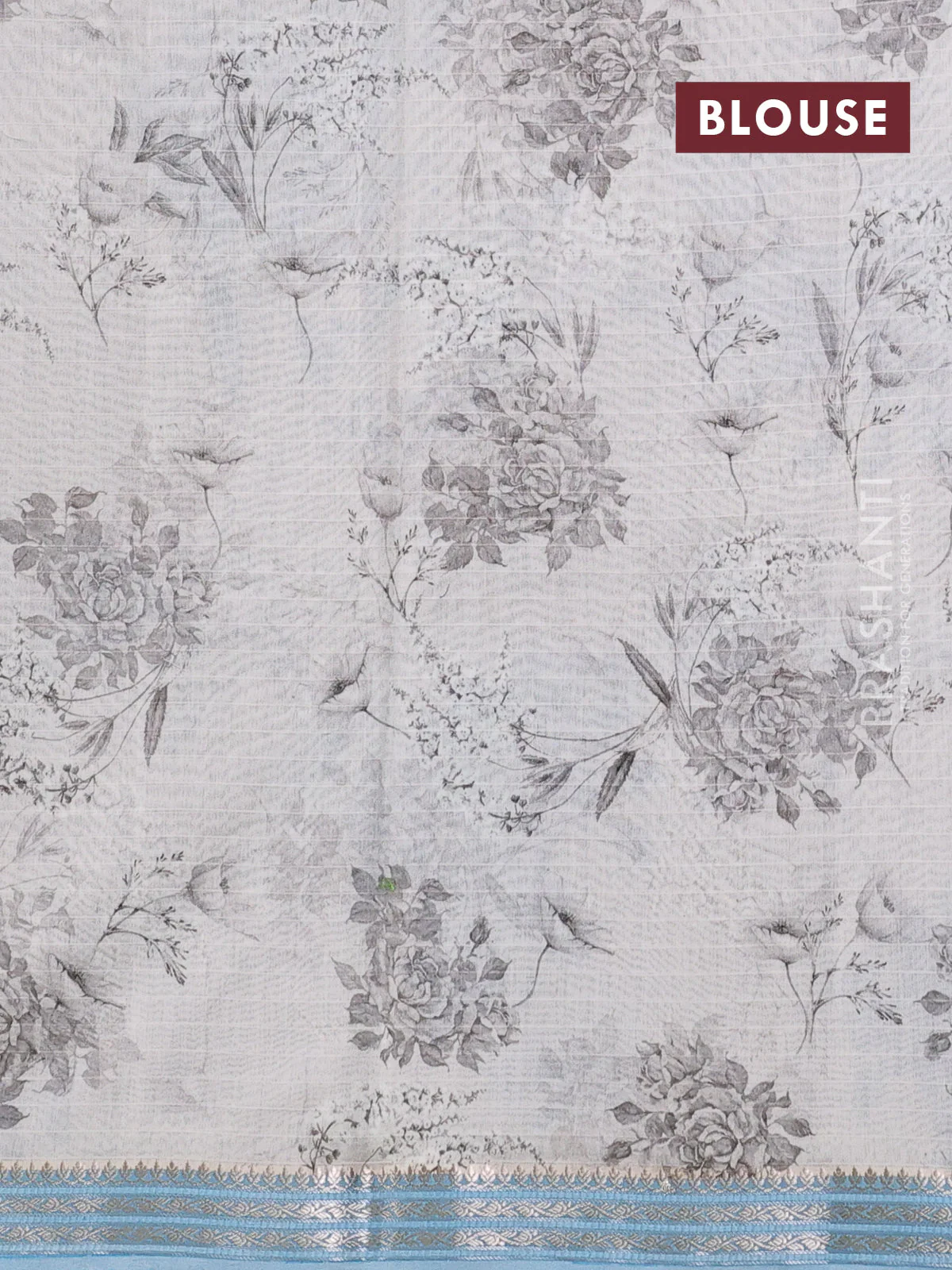 Mul chanderi saree pastel blue and off white with allover floral digital prints and zari woven border - Image 3