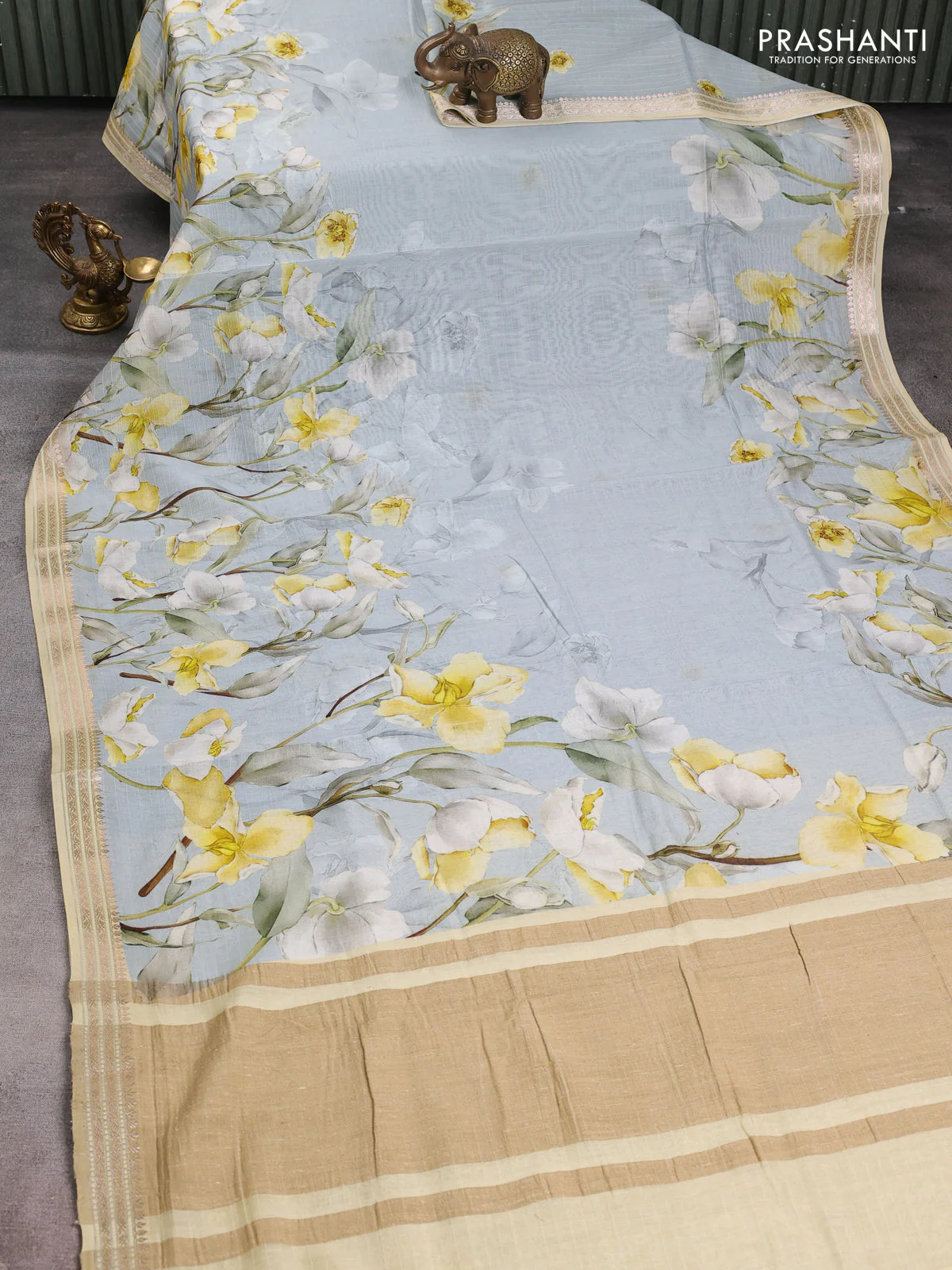 Mul chanderi saree pastel blue and sandal with allover floral digital prints and zari woven border - Image 2
