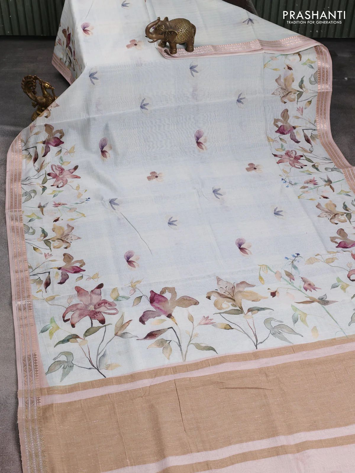Mul chanderi saree pastel blue shade and pastel peach with allover floral digital prints and zari woven border - Image 2
