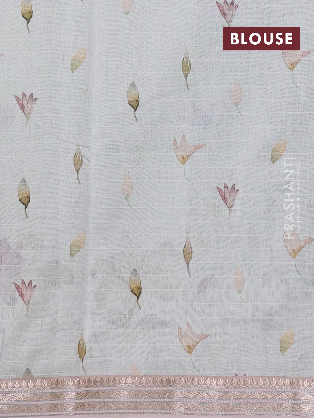 Mul chanderi saree pastel blue shade and pastel peach with allover floral digital prints and zari woven border - Image 3