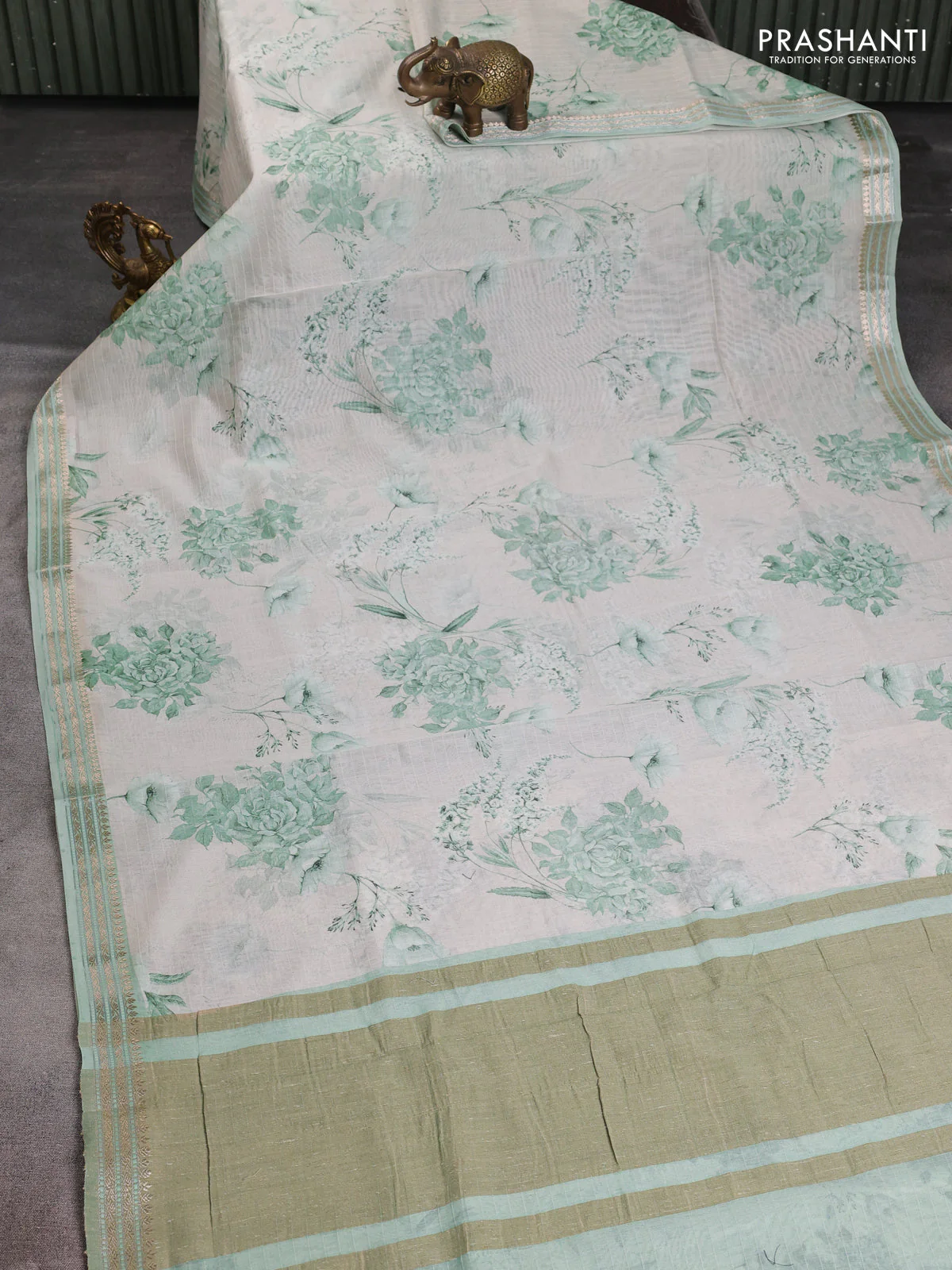 Mul chanderi saree pastel green and off white with allover floral digital prints and zari woven border - Image 2