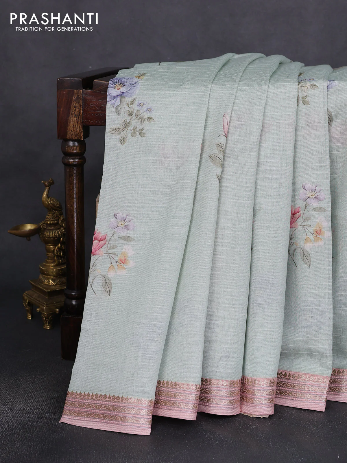 Mul chanderi saree pastel green and pastel pink with allover floral digital prints and zari woven border