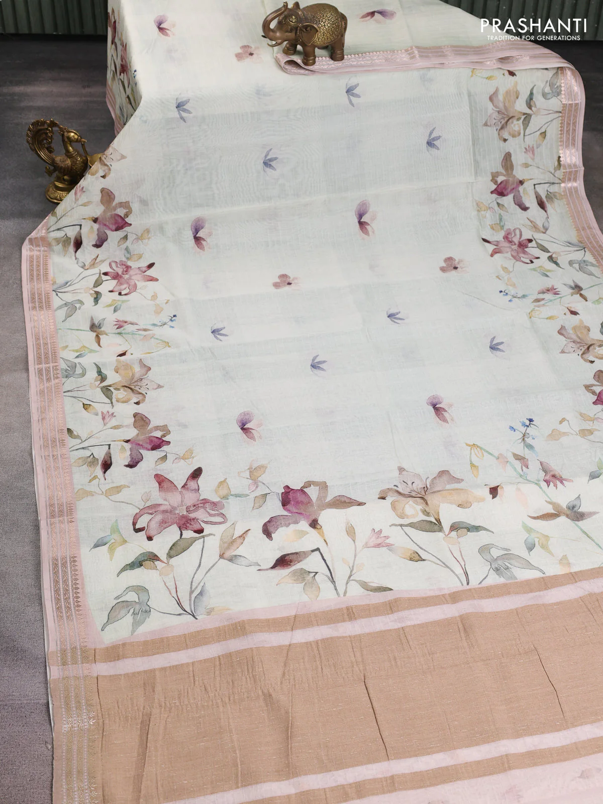 Mul chanderi saree pastel green shade and pastel peach with allover floral digital prints and zari woven border - Image 2