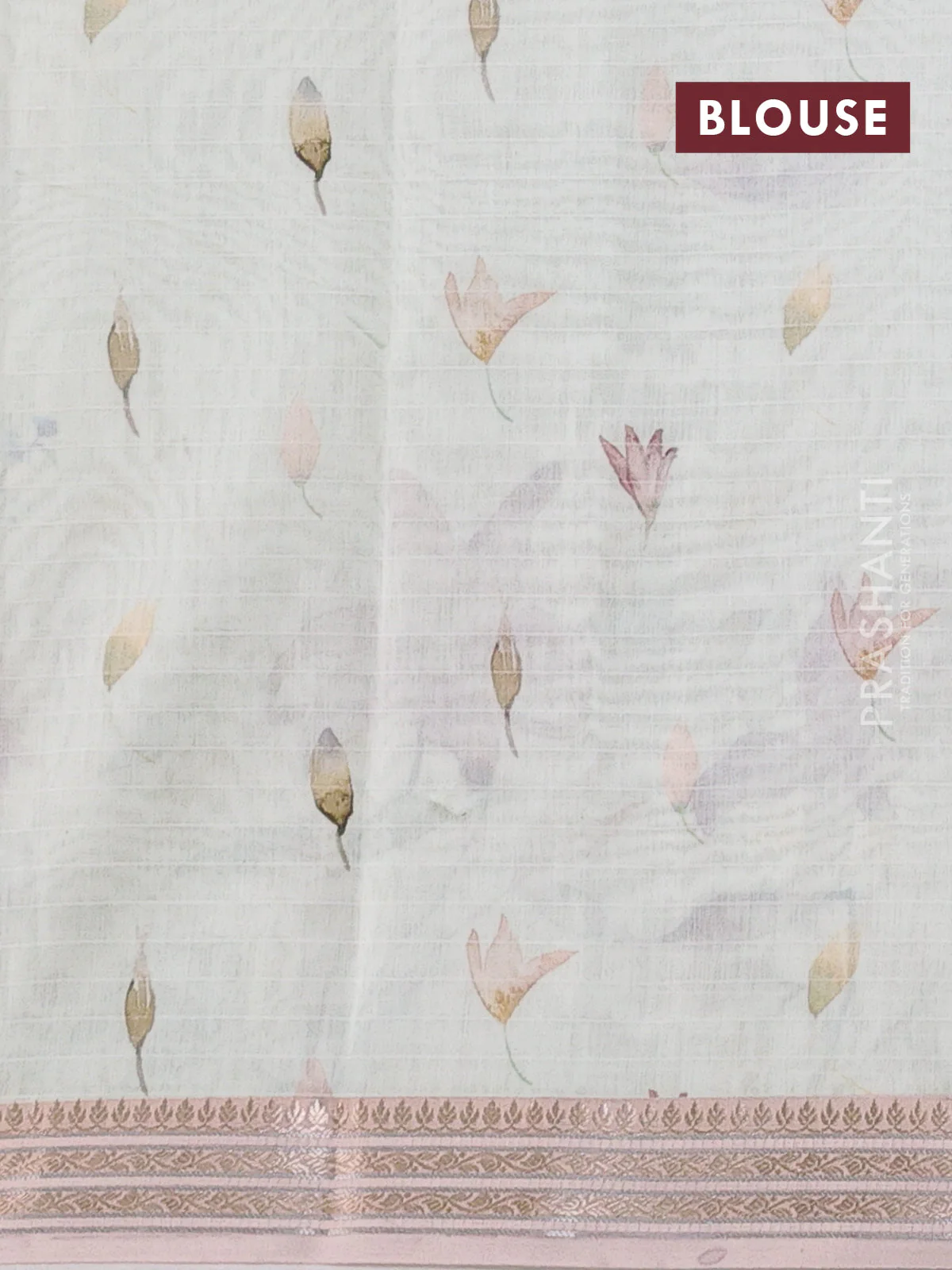 Mul chanderi saree pastel green shade and pastel peach with allover floral digital prints and zari woven border - Image 3
