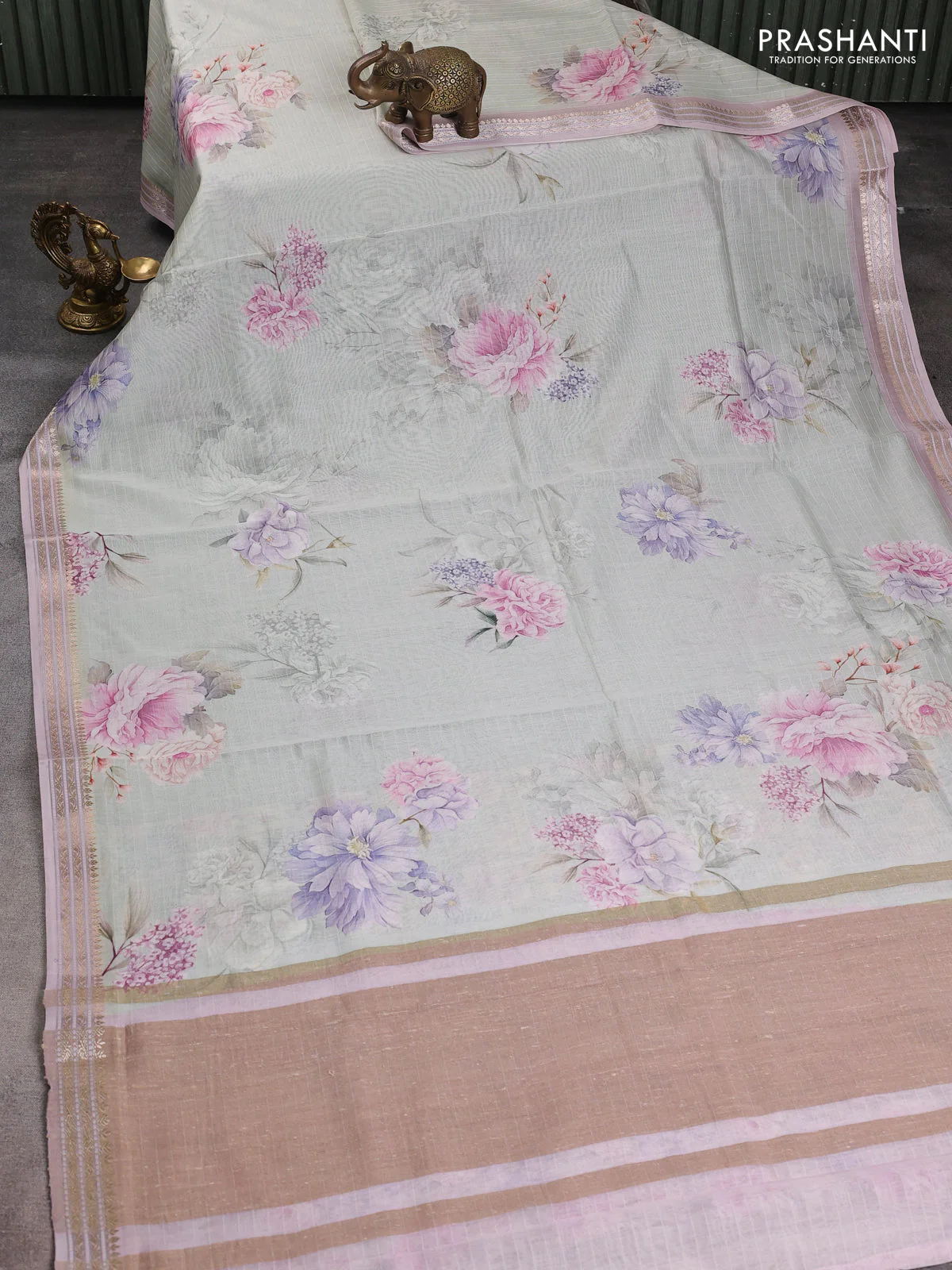 Mul chanderi saree pastel green shade and pastel pink with allover floral digital prints and zari woven border - Image 2