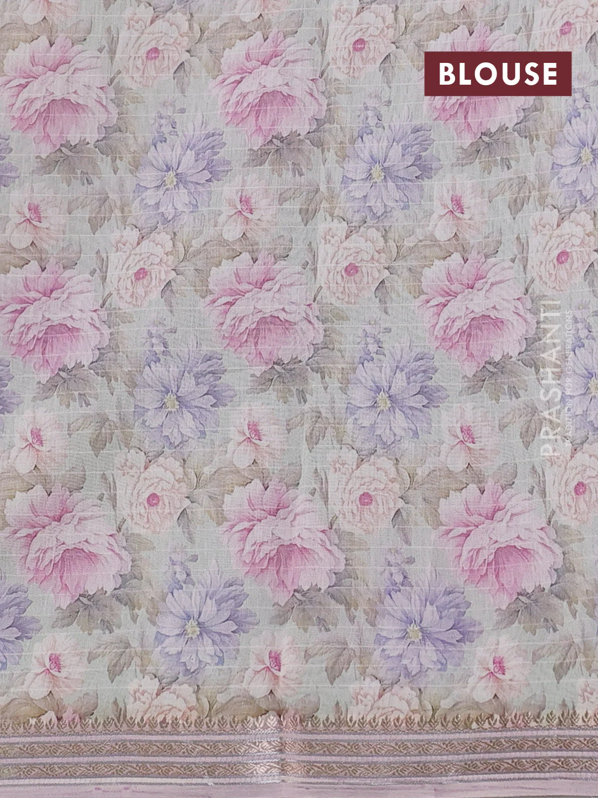 Mul chanderi saree pastel green shade and pastel pink with allover floral digital prints and zari woven border - Image 3