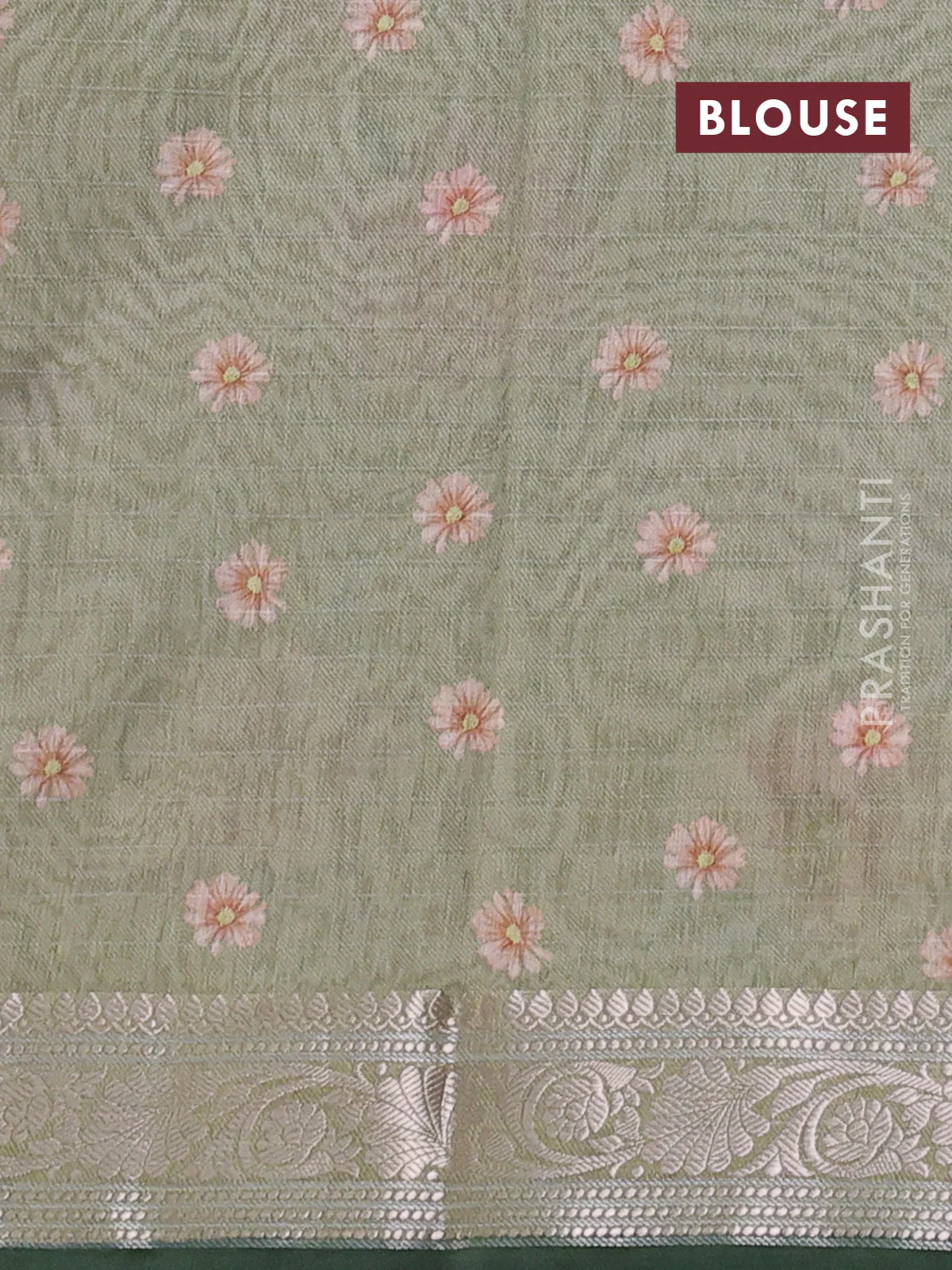 Mul chanderi saree pastel green with allover floral digital prints and zari woven border - Image 3
