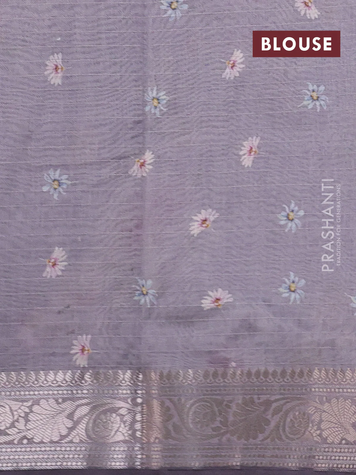 Mul chanderi saree pastel grey with allover floral digital prints and zari woven border - Image 3