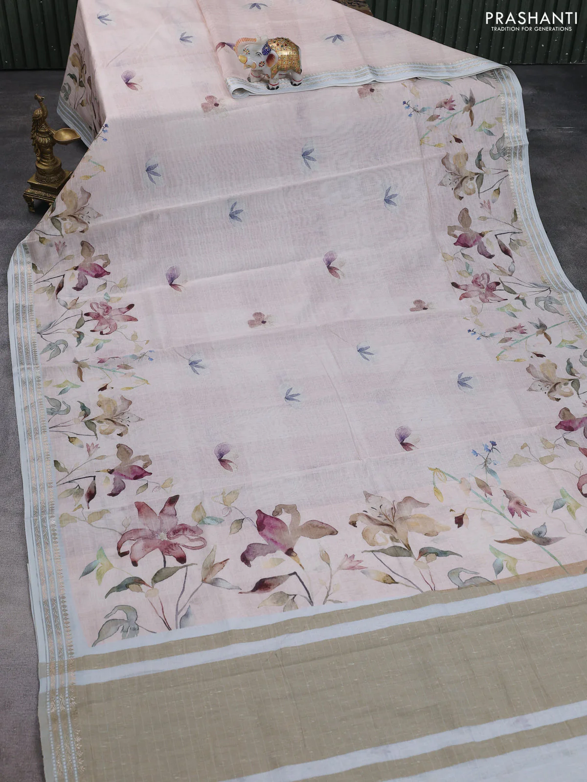 Mul chanderi saree pastel peach and pastel blue shade with allover floral digital prints and zari woven border - Image 2