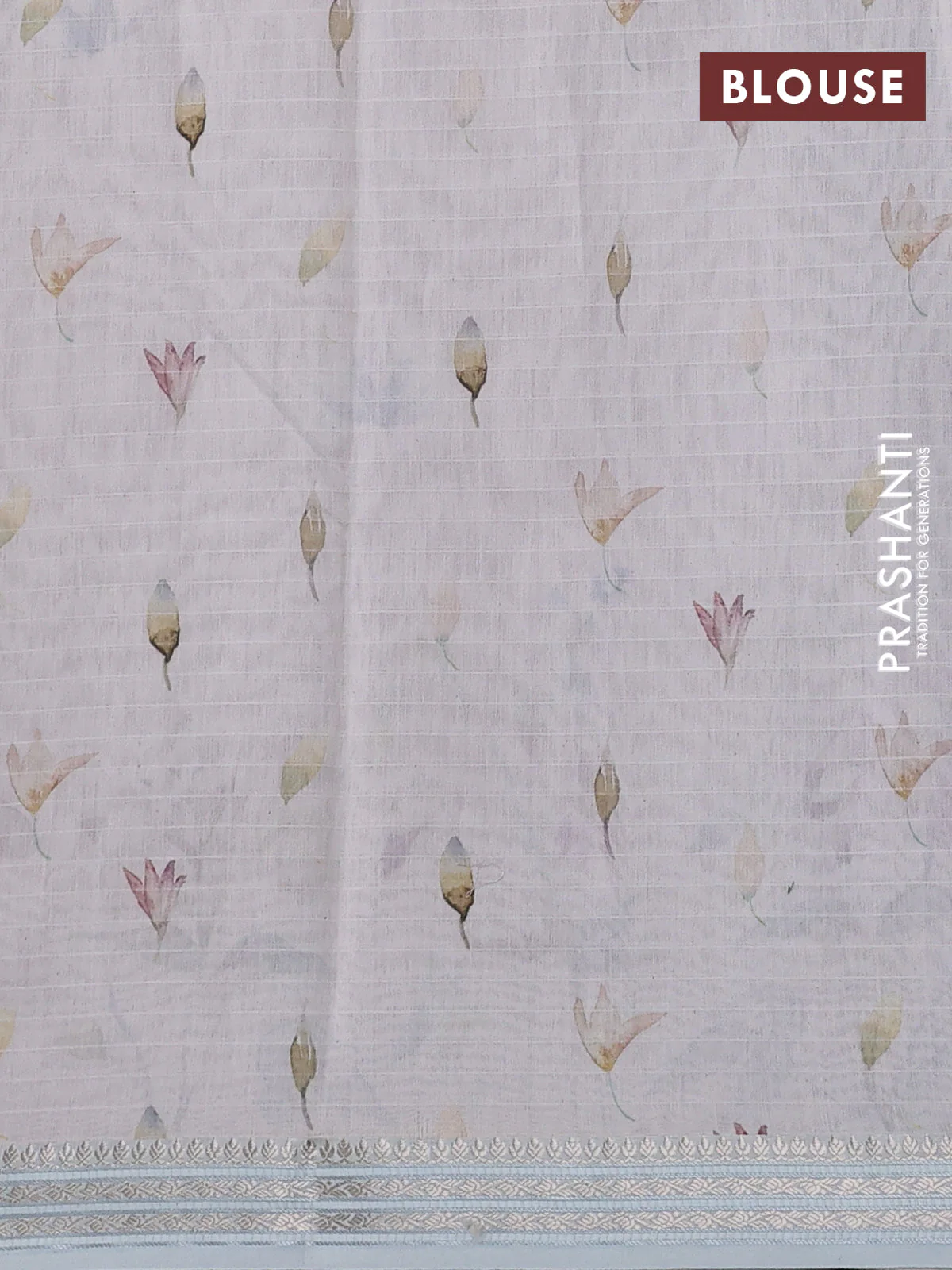 Mul chanderi saree pastel peach and pastel blue shade with allover floral digital prints and zari woven border - Image 3