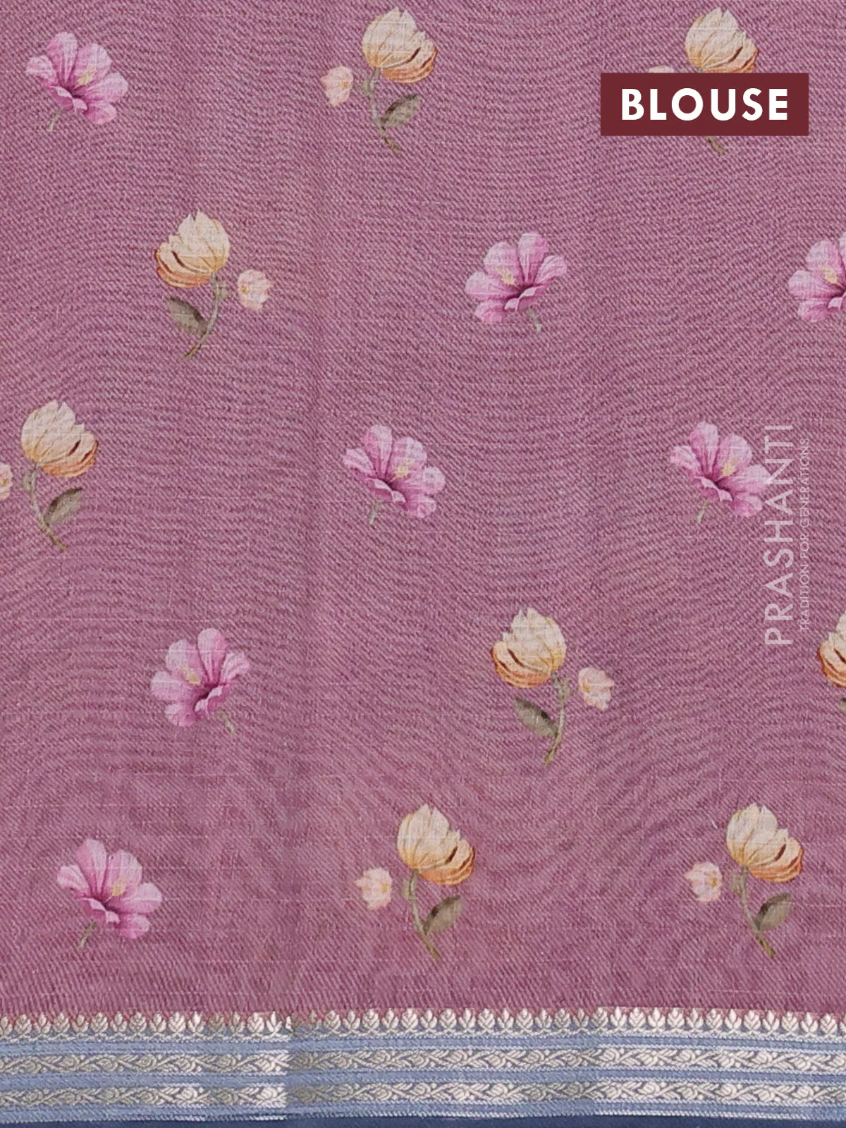 Mul chanderi saree pastel pink and grey with allover floral digital prints and zari woven border - Image 3