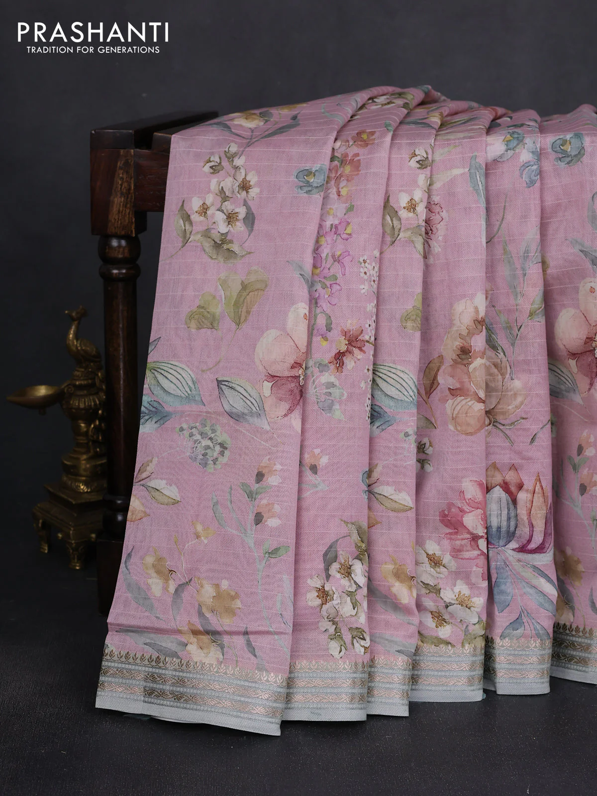 Mul chanderi saree pastel pink and pastel green with allover floral digital prints and zari woven border