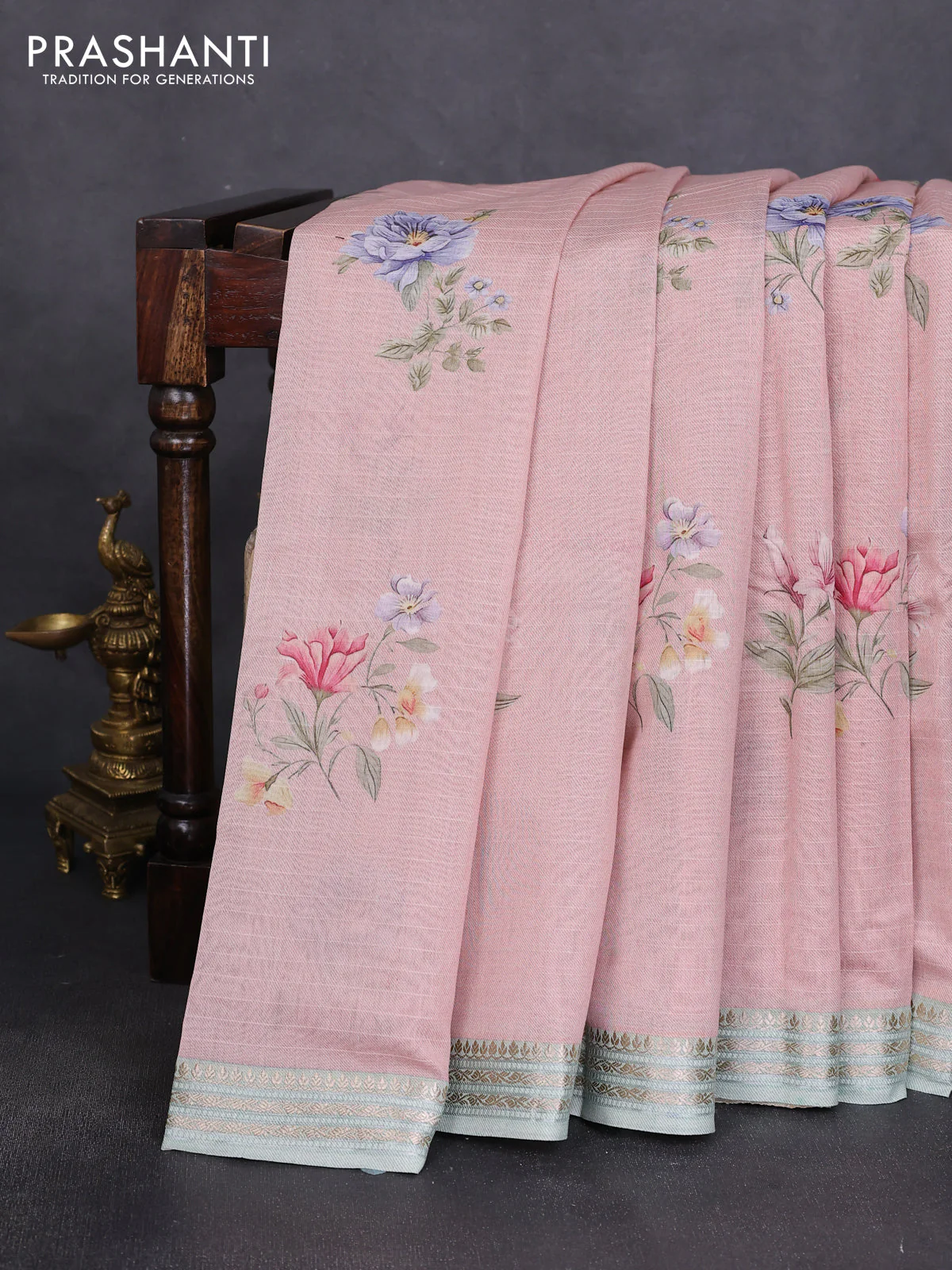Mul chanderi saree pastel pink and pastel gren with allover floral digital prints and zari woven border