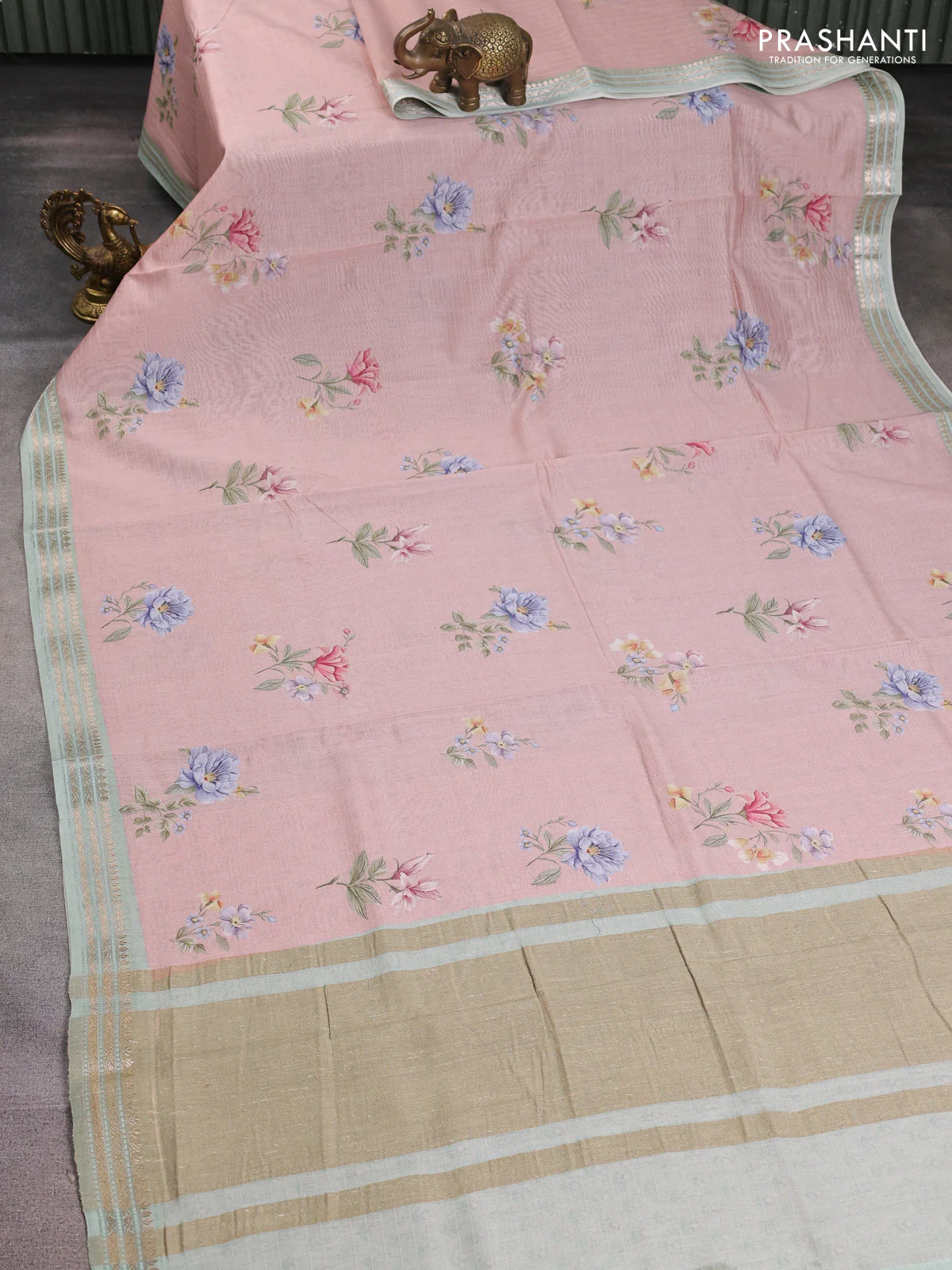 Mul chanderi saree pastel pink and pastel gren with allover floral digital prints and zari woven border - Image 2
