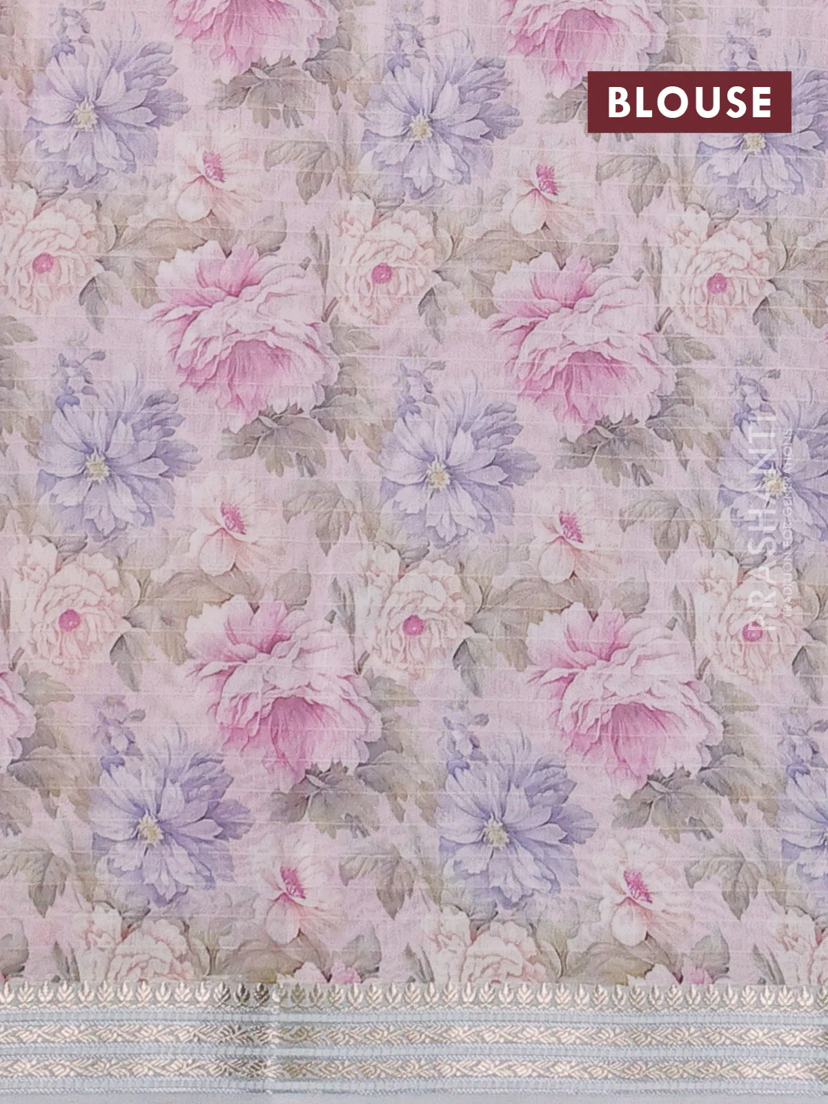 Mul chanderi saree pastel pink and pastel grey with allover floral digital prints and zari woven border - Image 3