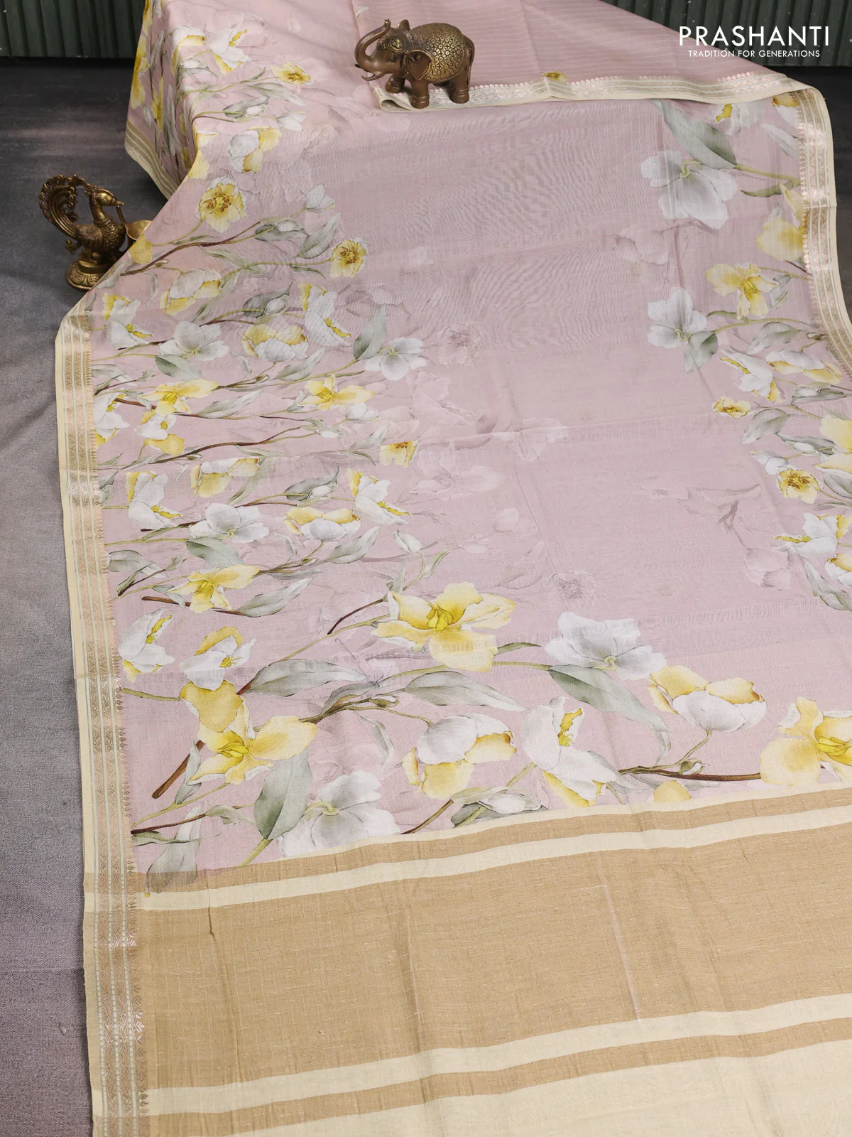 Mul chanderi saree pastel pink and sandal with allover floral digital prints and zari woven border - Image 2