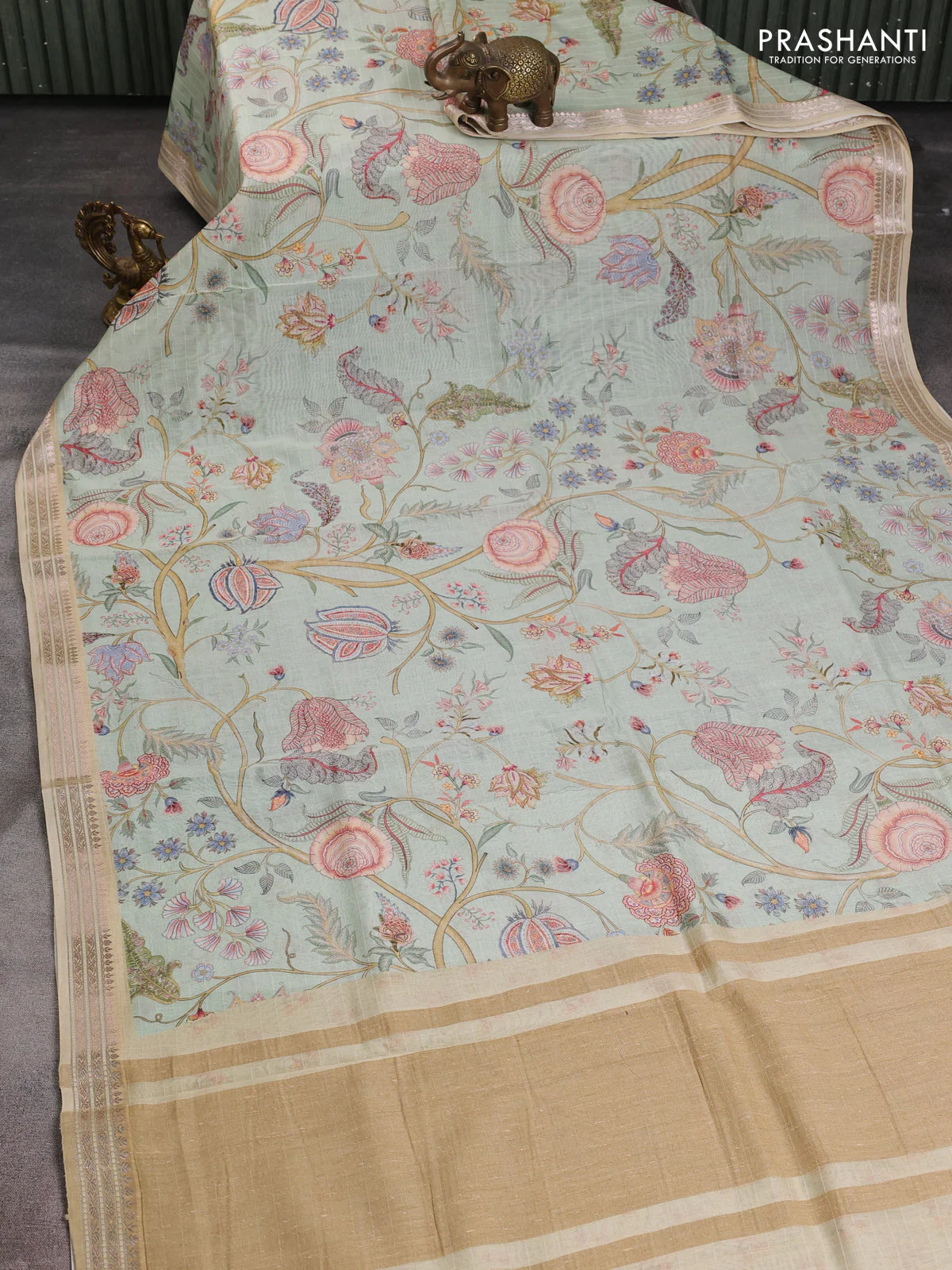 Mul chanderi saree pista green and sandal with allover floral digital prints and zari woven border - Image 2