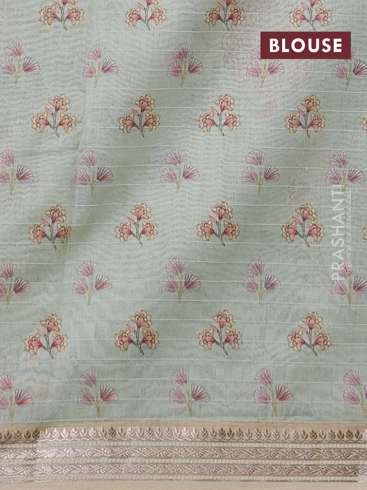 Mul chanderi saree pista green and sandal with allover floral digital prints and zari woven border - Image 3
