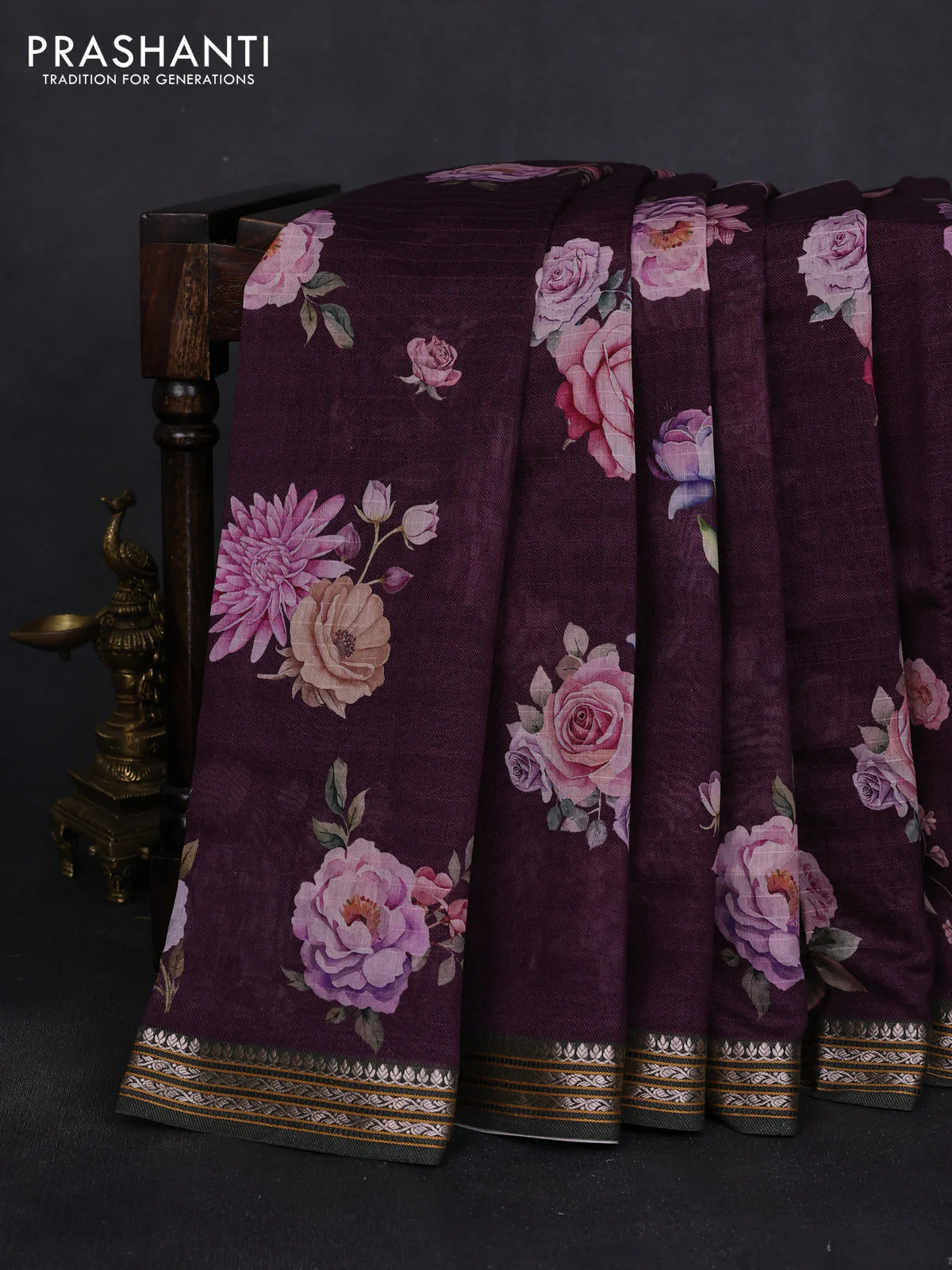 Mul chanderi saree purple and dark olive green with allover floral digital prints and zari woven border