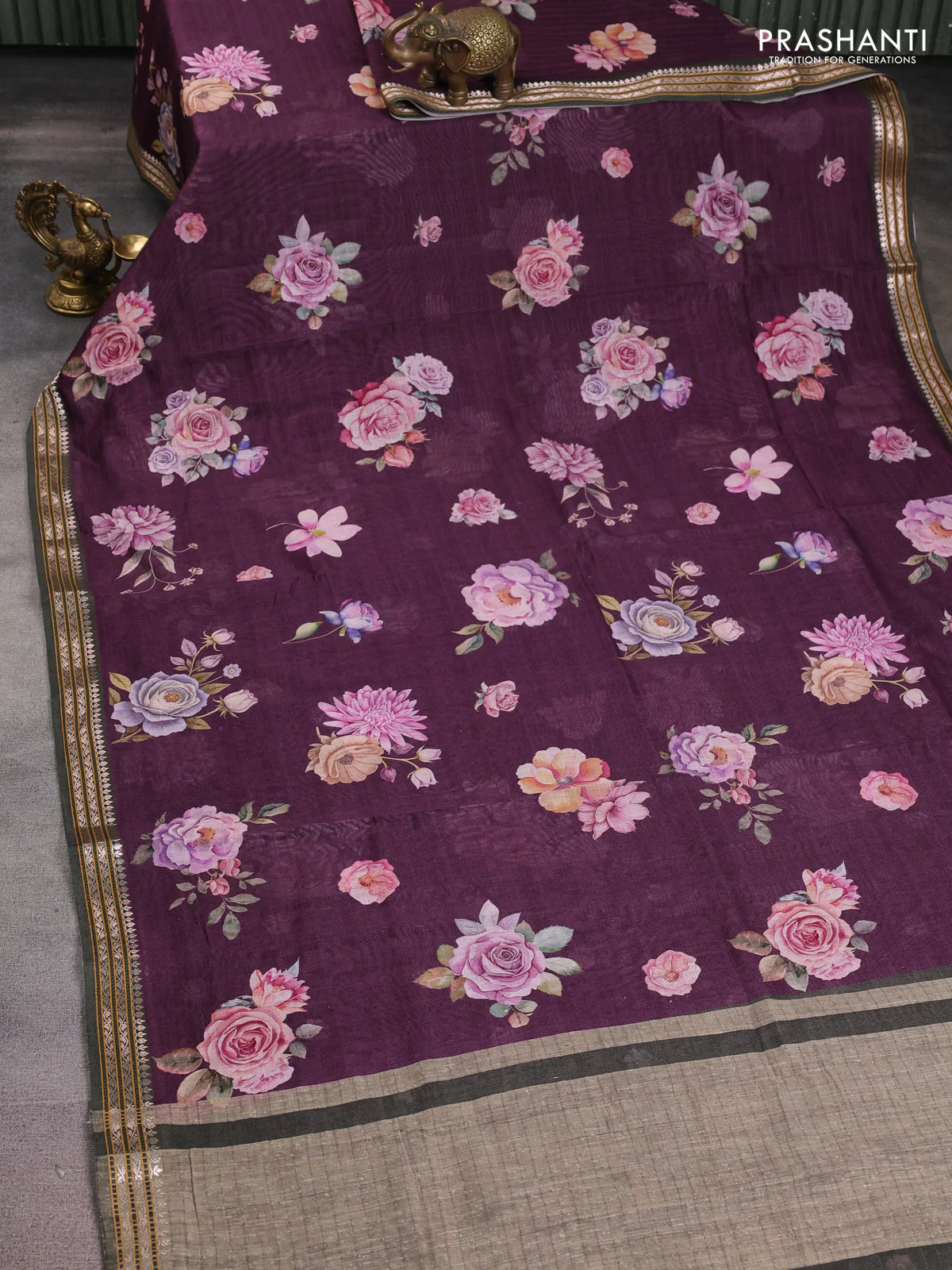 Mul chanderi saree purple and dark olive green with allover floral digital prints and zari woven border - Image 2