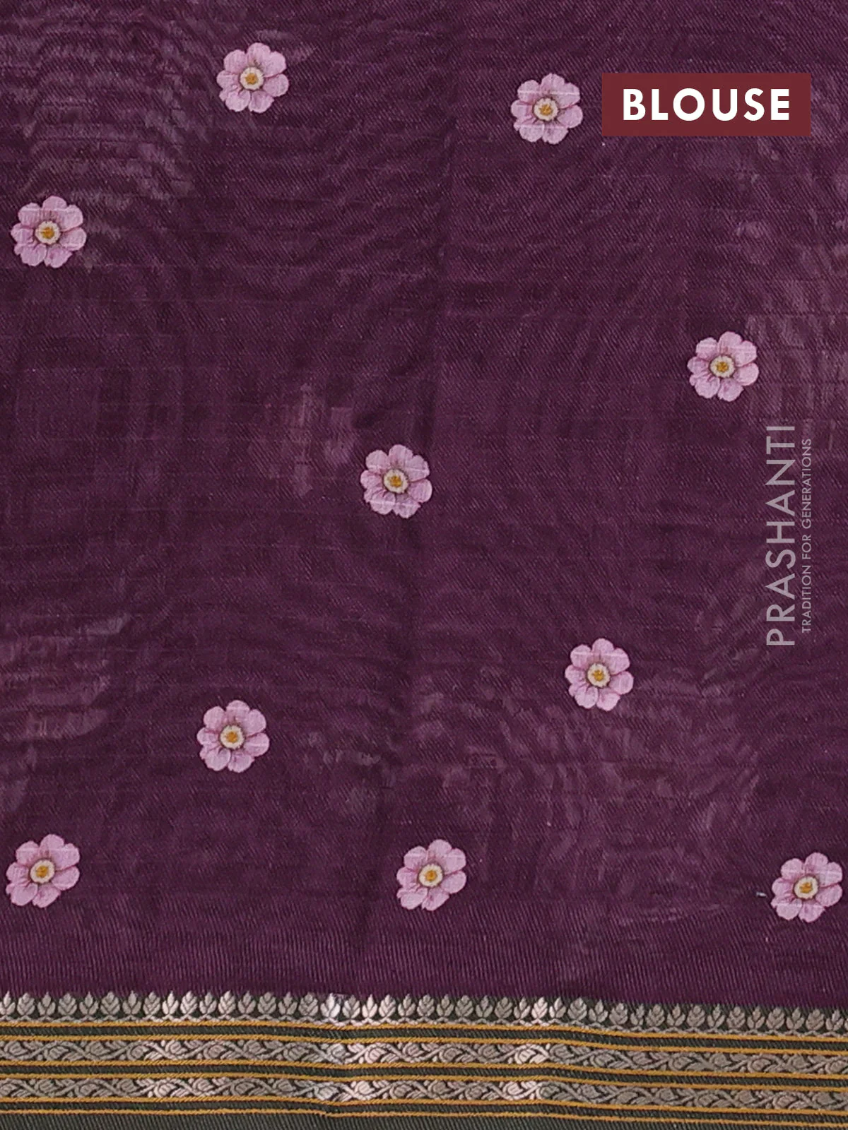 Mul chanderi saree purple and dark olive green with allover floral digital prints and zari woven border - Image 3