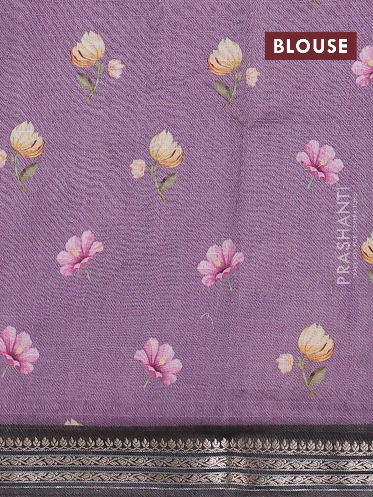Mul chanderi saree purple and grey with allover floral digital prints and zari woven border - Image 3