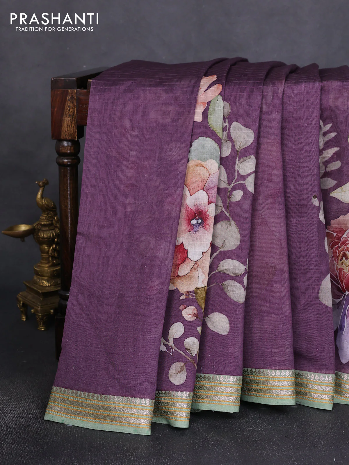 Mul chanderi saree purple and pastel green with allover floral digital prints and zari woven border