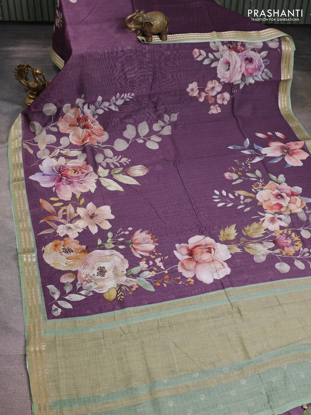 Mul chanderi saree purple and pastel green with allover floral digital prints and zari woven border - Image 2