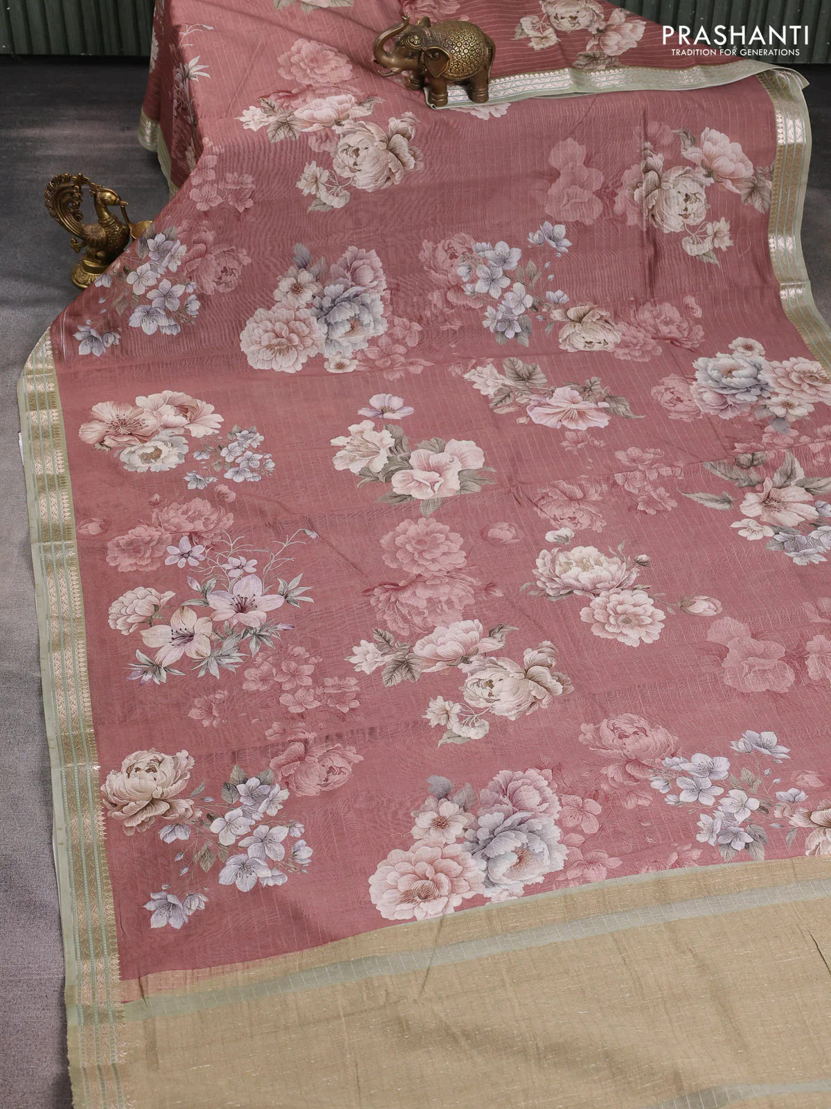 Mul chanderi saree rosy brown and pastel green with allover floral digital prints and zari woven border - Image 2