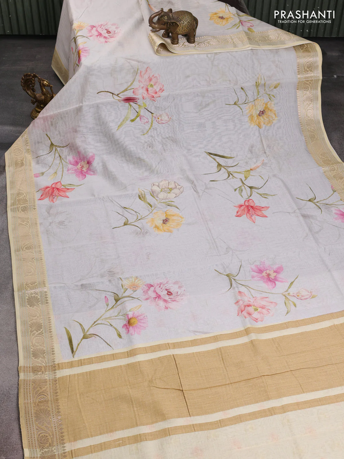 Mul chanderi saree sandal and off white with allover floral digital prints and zari woven border - Image 2