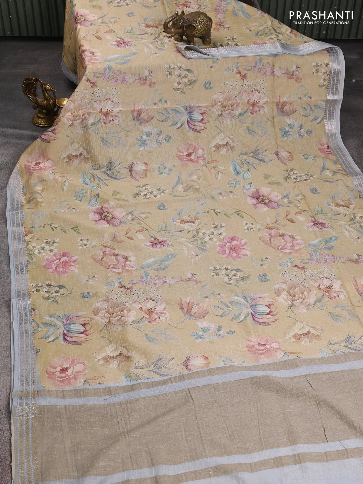 Mul chanderi saree sandal and pastel blue with allover floral digital prints and zari woven border - Image 2