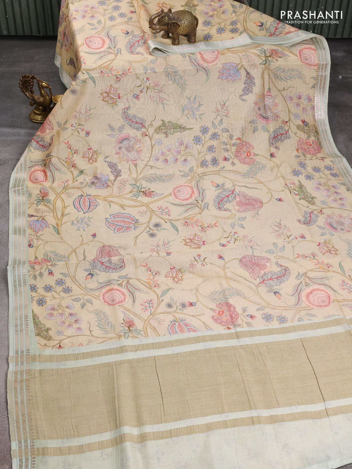 Mul chanderi saree sandal and pastel green with allover floral digital prints and zari woven border - Image 2