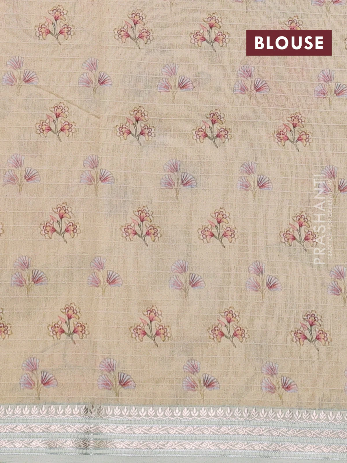 Mul chanderi saree sandal and pastel green with allover floral digital prints and zari woven border - Image 3