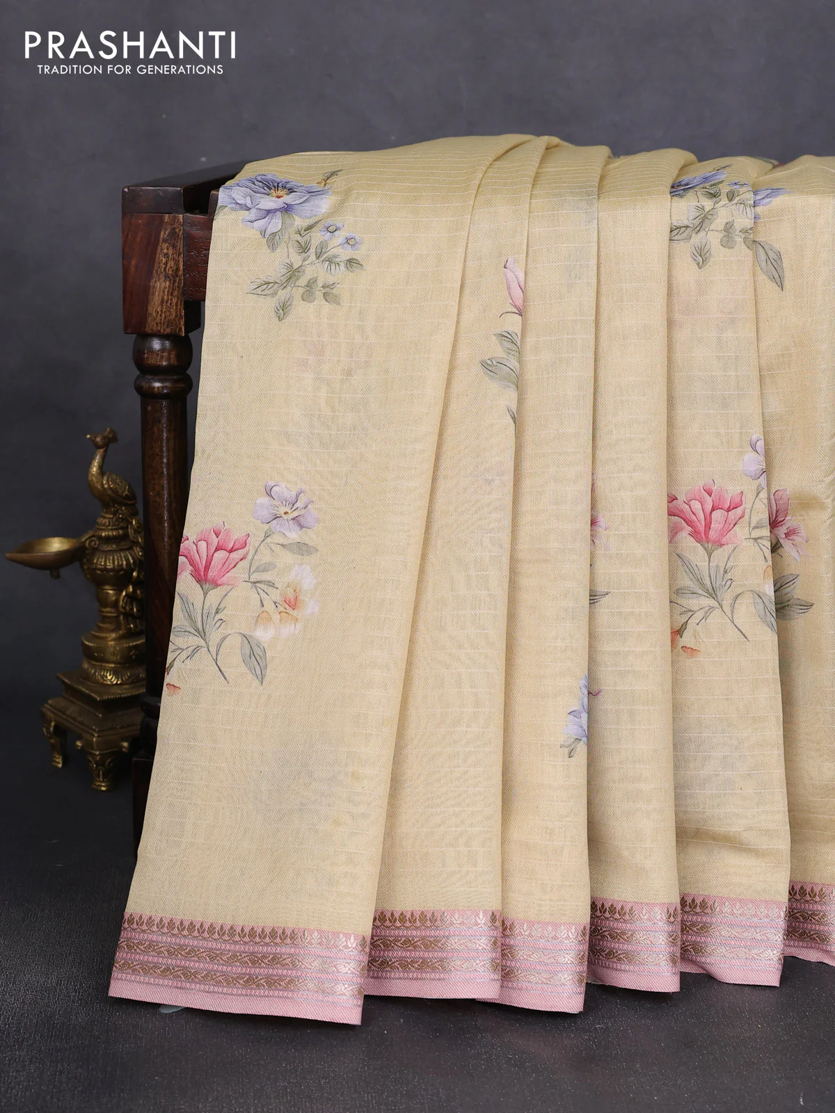 Mul chanderi saree sandal and pastel pink with allover floral digital prints and zari woven border