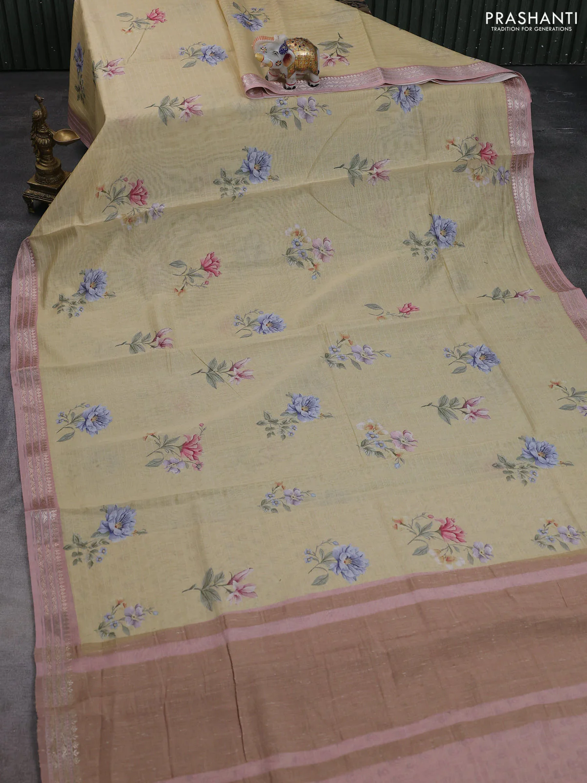 Mul chanderi saree sandal and pastel pink with allover floral digital prints and zari woven border - Image 2