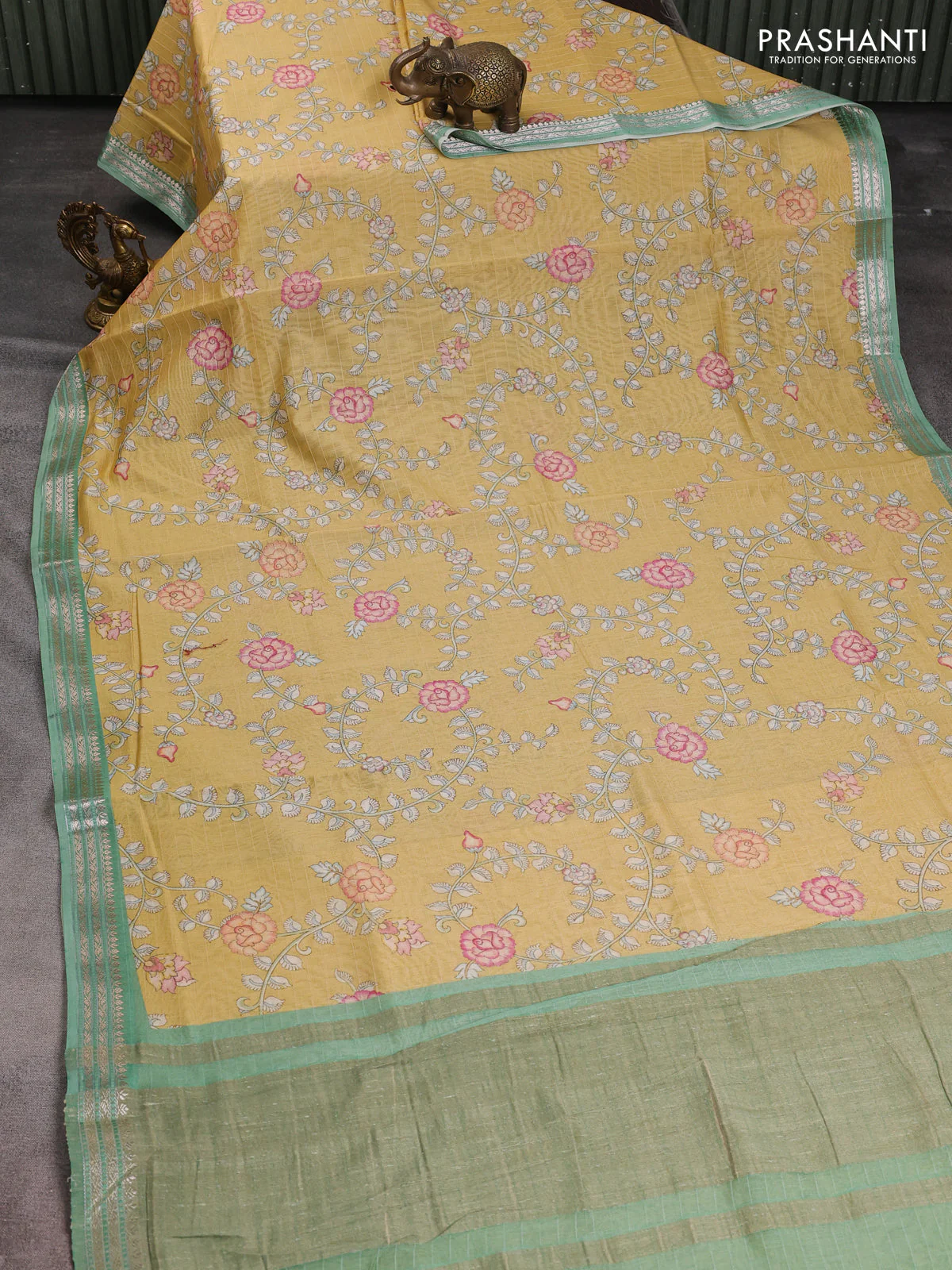 Mul chanderi saree sandal and teal green with allover floral digital prints and zari woven border - Image 2