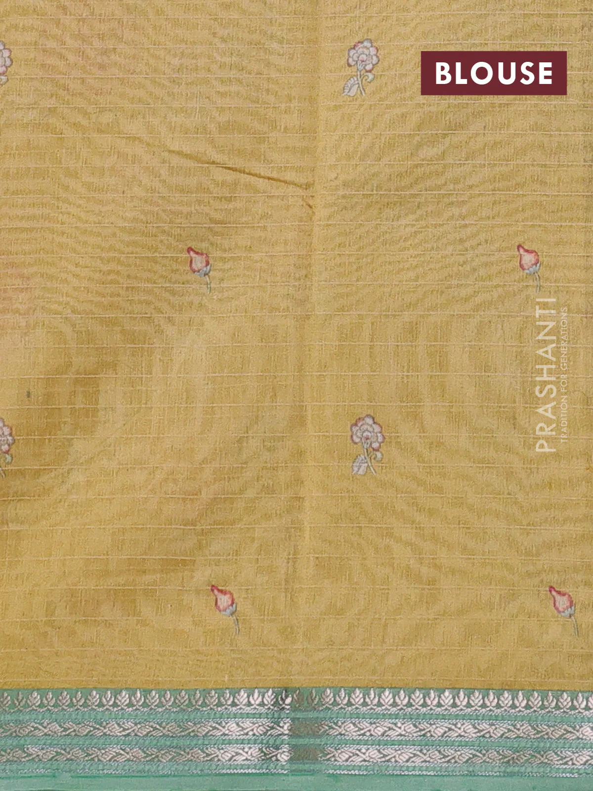 Mul chanderi saree sandal and teal green with allover floral digital prints and zari woven border - Image 3
