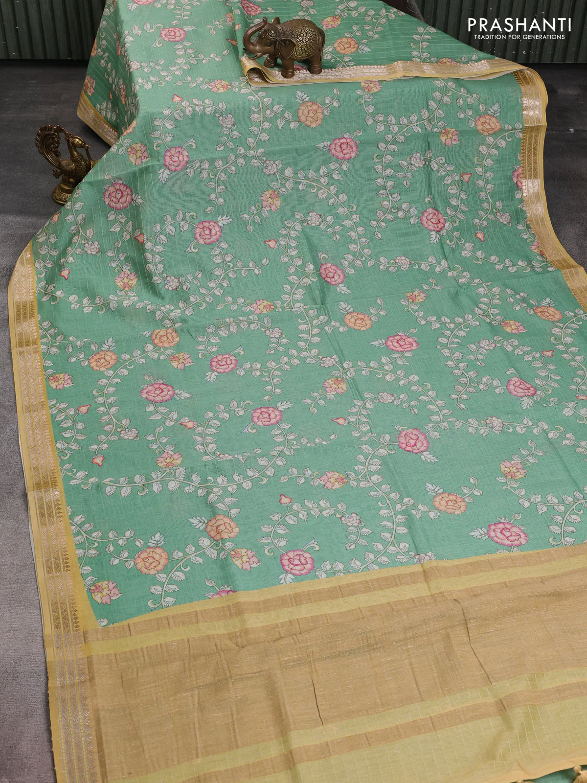 Mul chanderi saree teal green and sandal with allover floral digital prints and zari woven border - Image 2