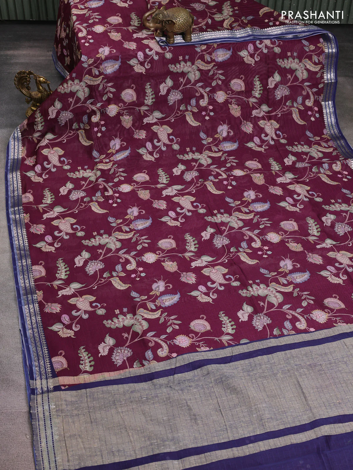 Mul chanderi saree wine shade and navy blue with allover floral digital prints and zari woven border - Image 2