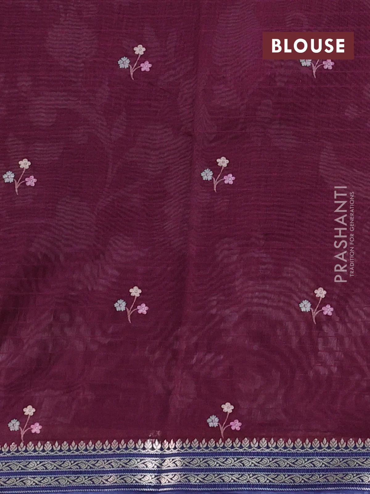 Mul chanderi saree wine shade and navy blue with allover floral digital prints and zari woven border - Image 3