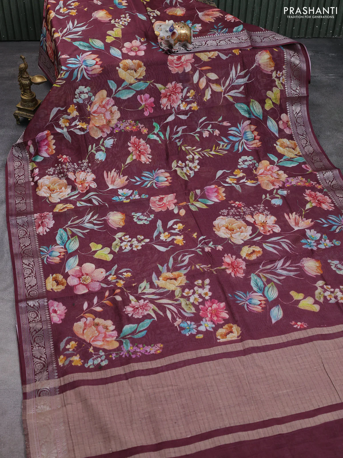 Mul chanderi saree wine shade with allover floral digital prints and zari woven border - Image 2