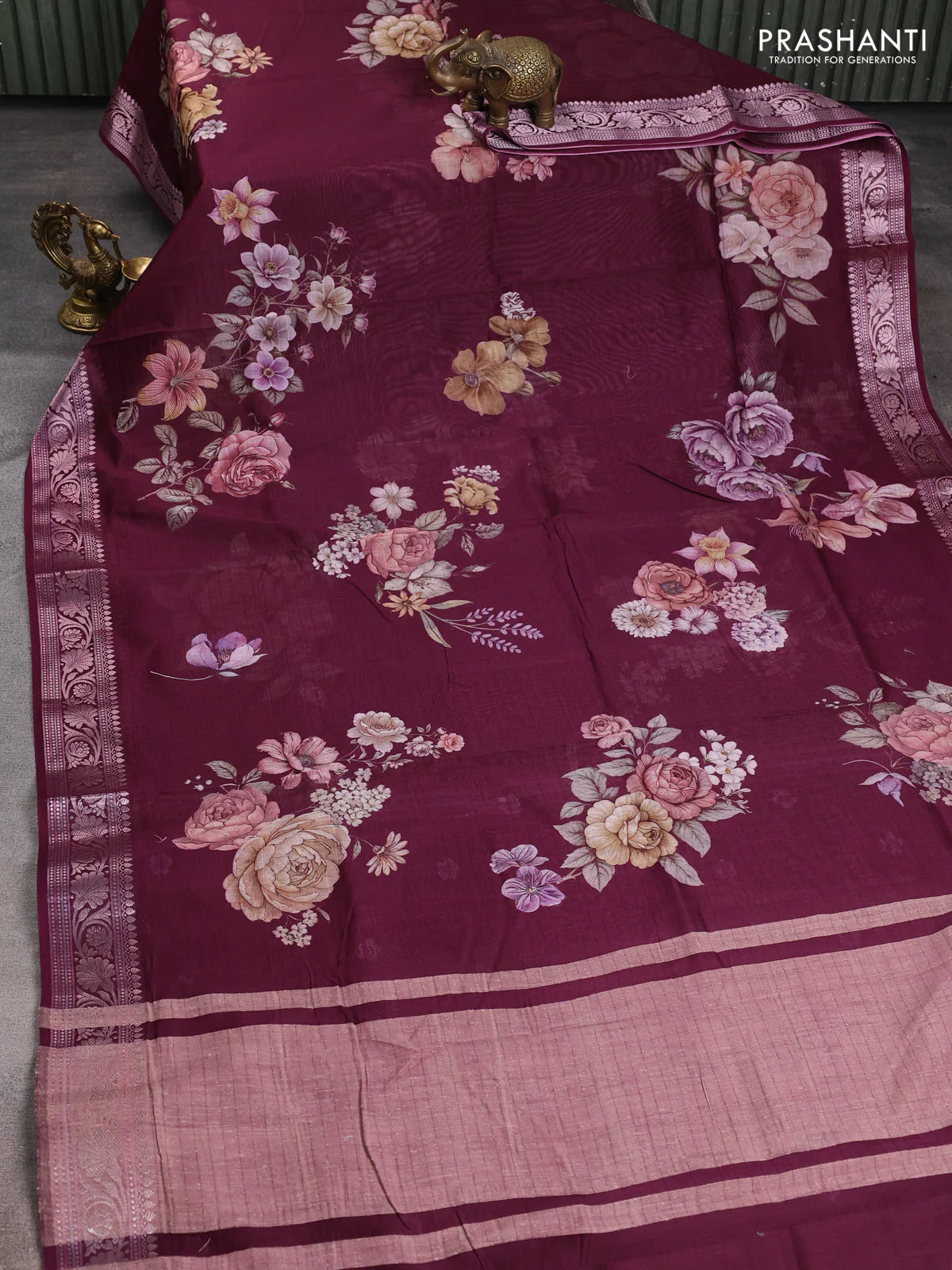 Mul chanderi saree wine shade with allover floral digital prints and zari woven border - Image 2