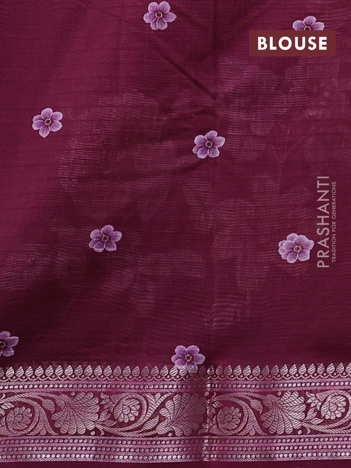 Mul chanderi saree wine shade with allover floral digital prints and zari woven border - Image 3