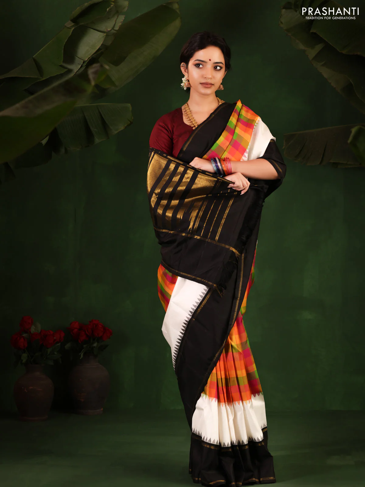 Multi Colour-Black Pure Kanchipuram Silk Saree With Allover Checked Pattern