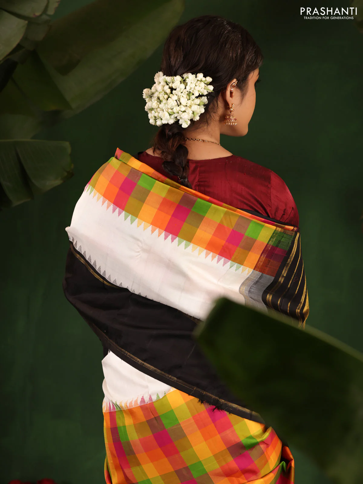 Multi Colour-Black Pure Kanchipuram Silk Saree With Allover Checked Pattern - Image 3