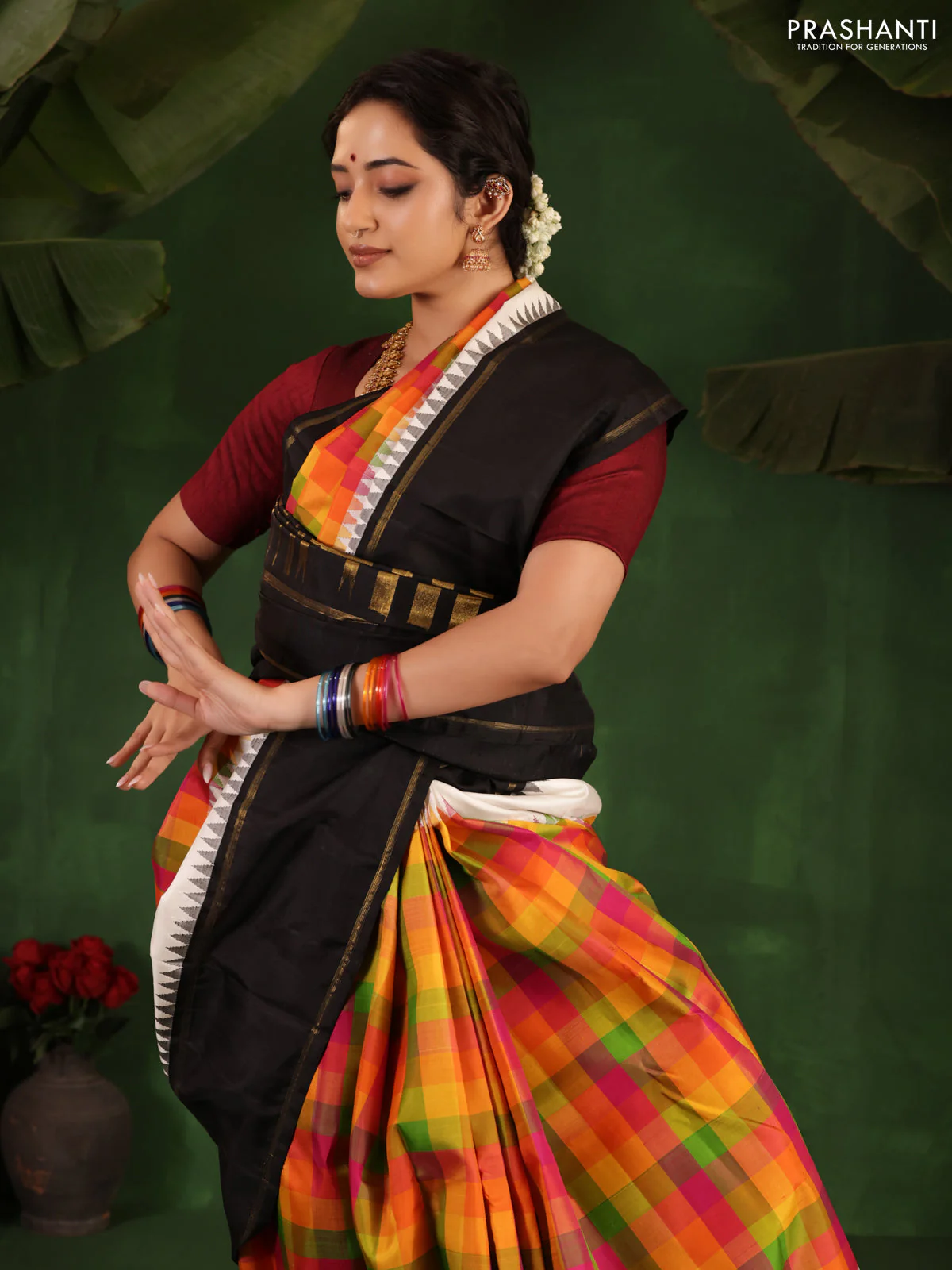 Multi Colour-Black Pure Kanchipuram Silk Saree With Allover Checked Pattern - Image 5