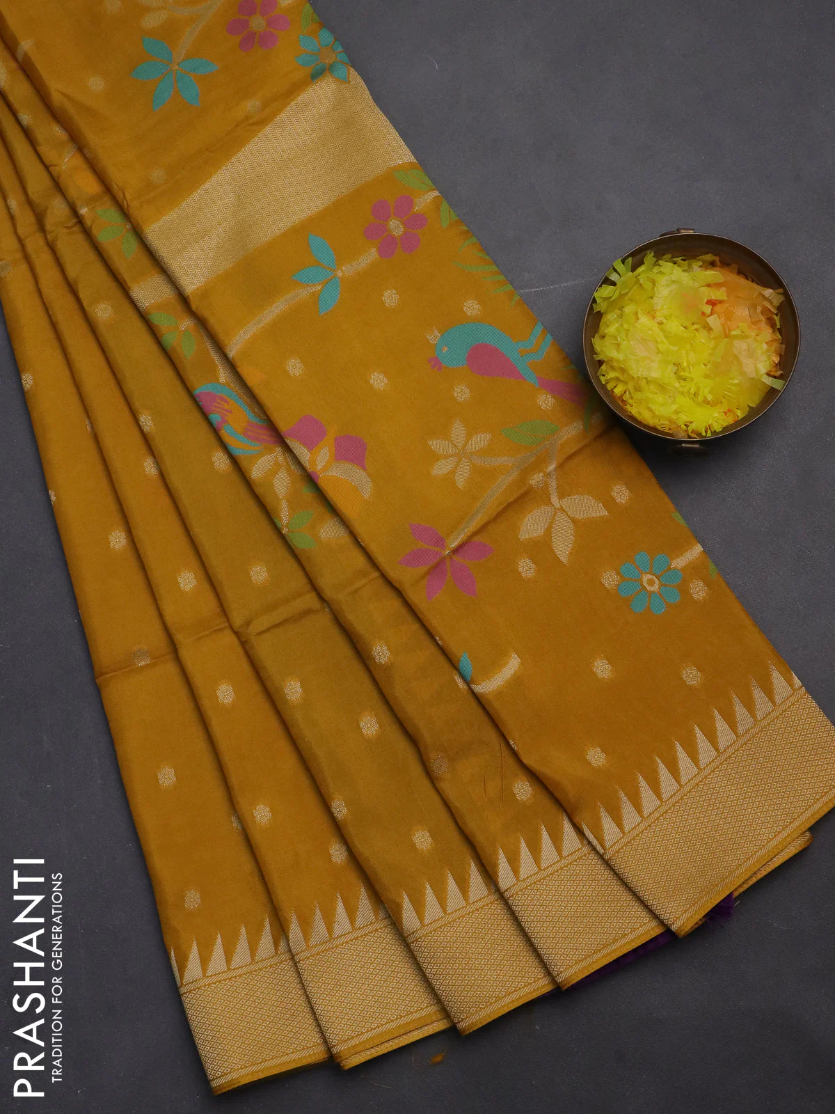 Munga crepe silk saree dark mustard and violet with zari woven buttas and rich thread & zari woven pallu - Image 2