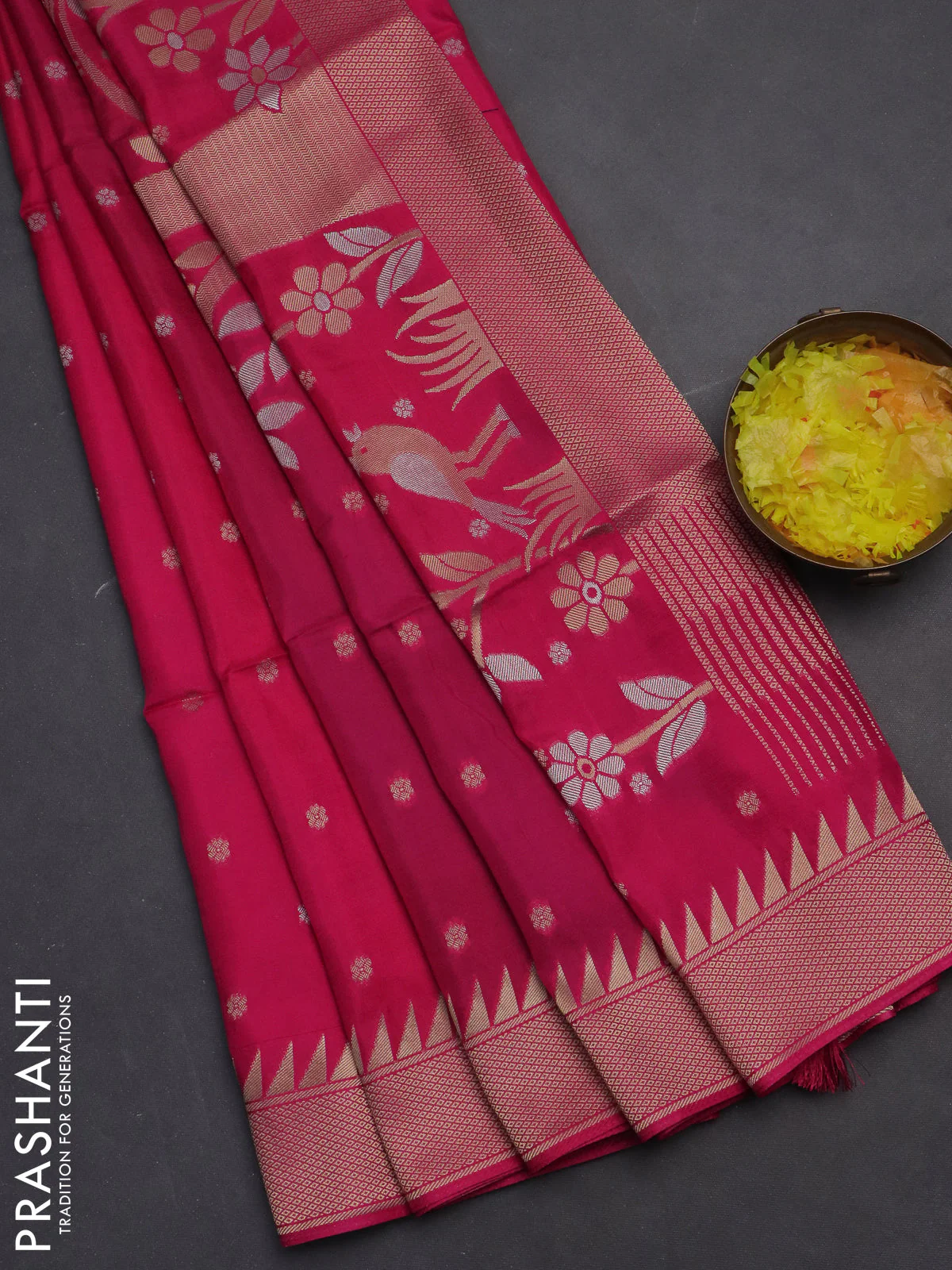 Munga crepe silk saree pink and peacock blue with silver & gold zari woven buttas and rich zari woven pallu - Image 2