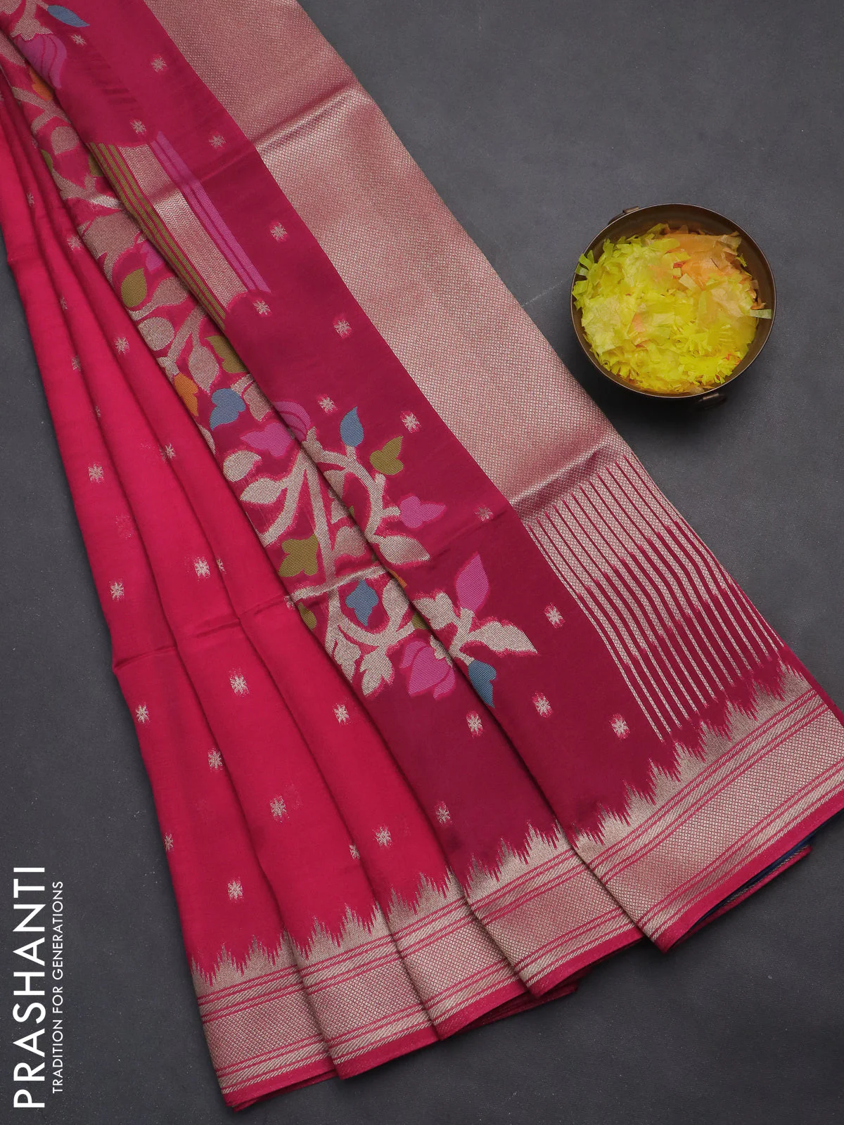 Munga crepe silk saree pink and peacock blue with zari woven buttas and rich thread & zari woven pallu - Image 2